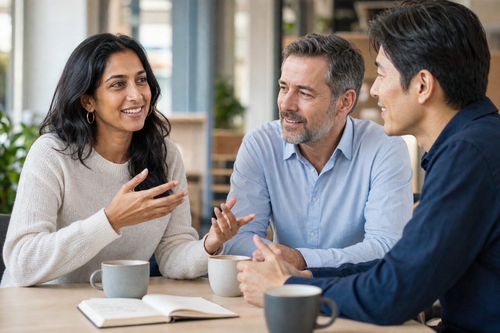 Three expert advisers and founders in warm conversation around a table with coffee. A South Asian woman leads the discussion, with open hands, an older man and a younger man listening closely.